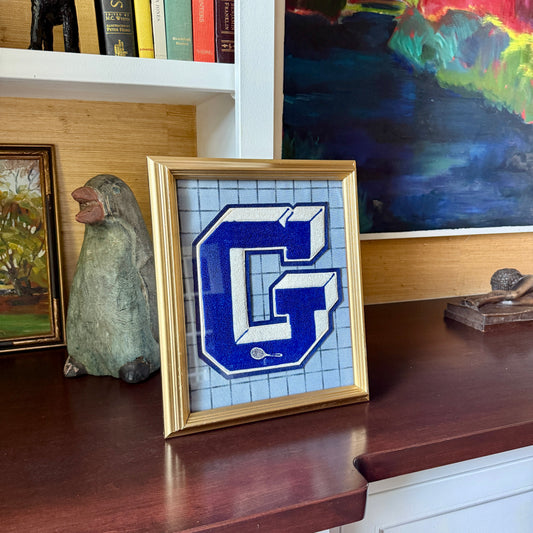 Vintage Large Varsity Tennis Initial Letter "G" on Blue Windowpane Check Fabric in Gold Frame