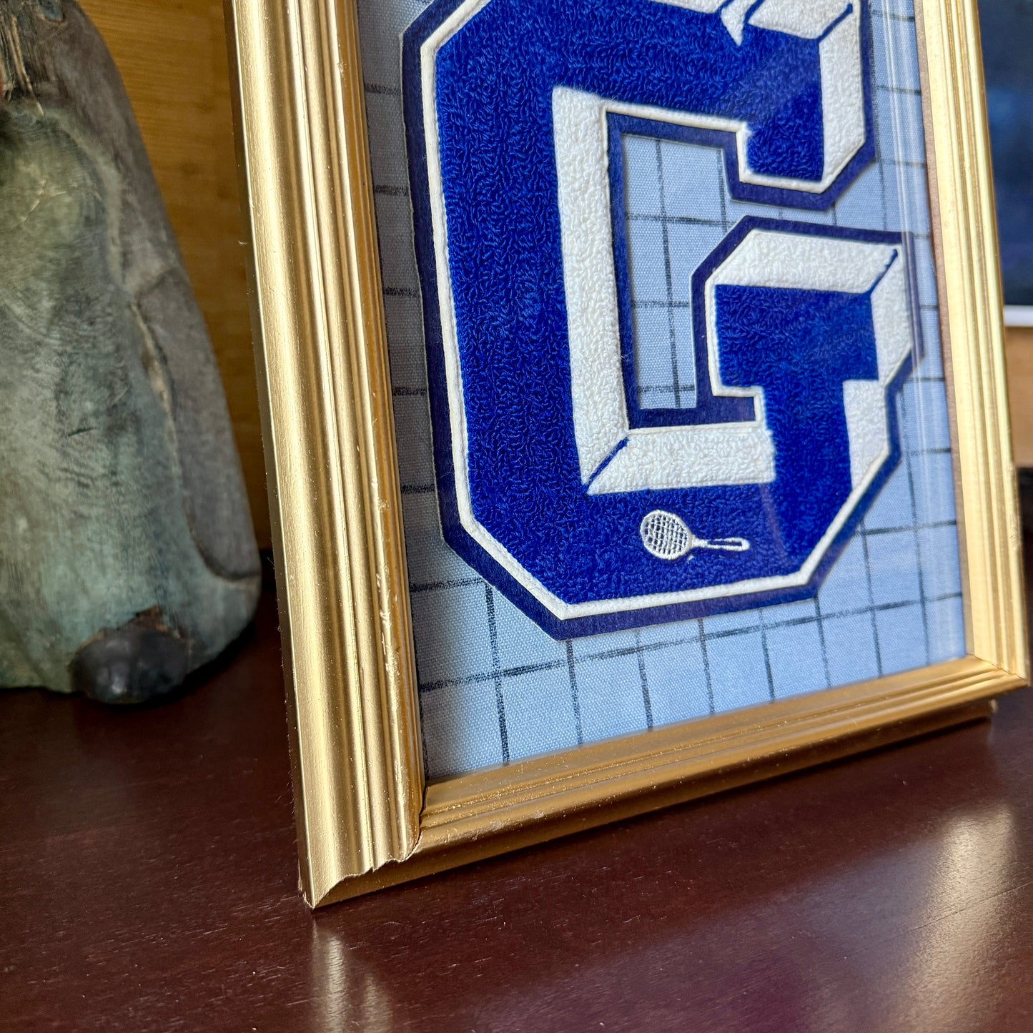 Vintage Large Varsity Tennis Initial Letter "G" on Blue Windowpane Check Fabric in Gold Frame