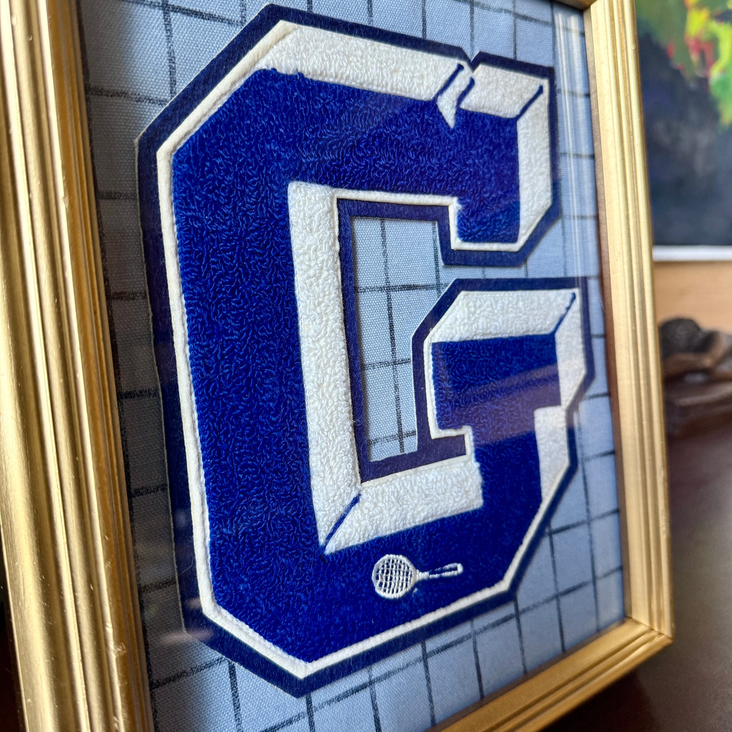 Vintage Large Varsity Tennis Initial Letter "G" on Blue Windowpane Check Fabric in Gold Frame