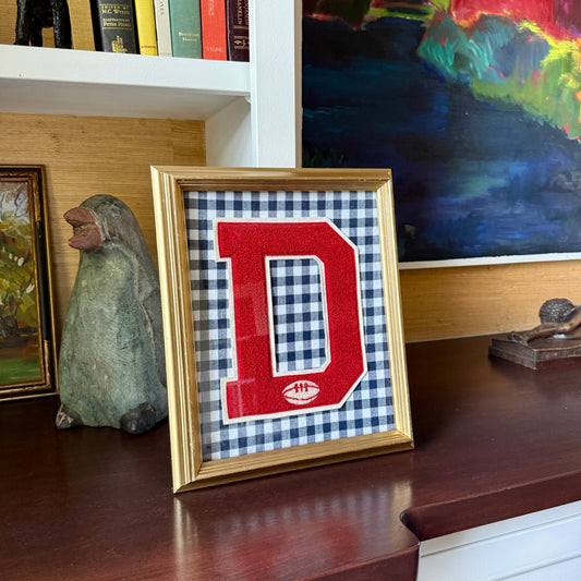 Vintage Large Varsity Football Initial Letter "D" on Black Gingham Fabric in Gold Frame