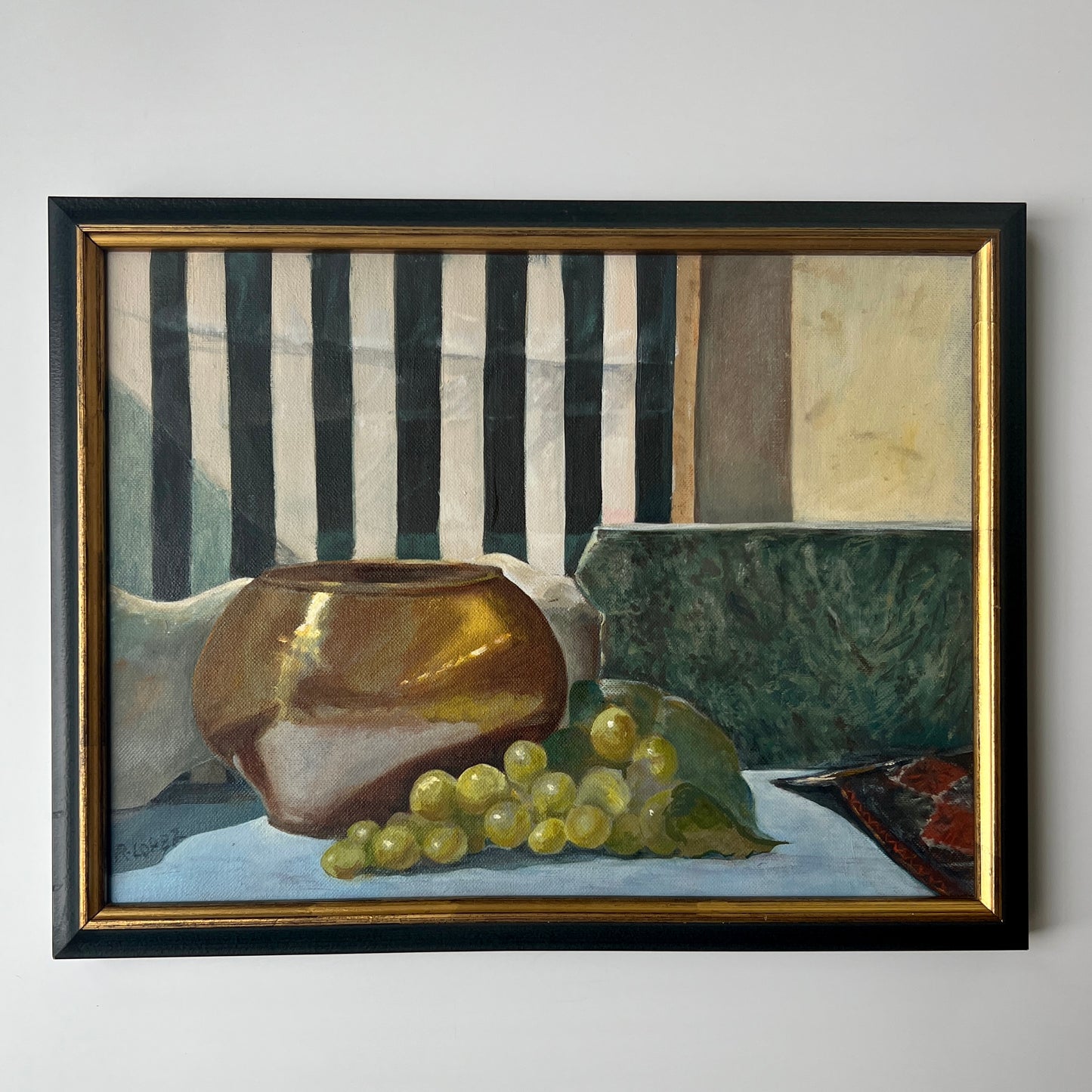 Vintage Stripes and Grapes Still Life in Black and Gold Frame