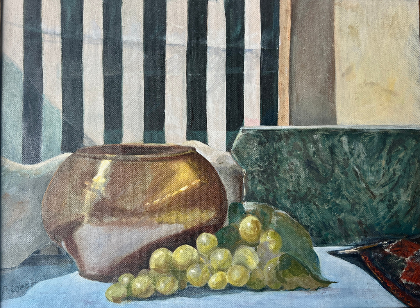 Vintage Stripes and Grapes Still Life in Black and Gold Frame