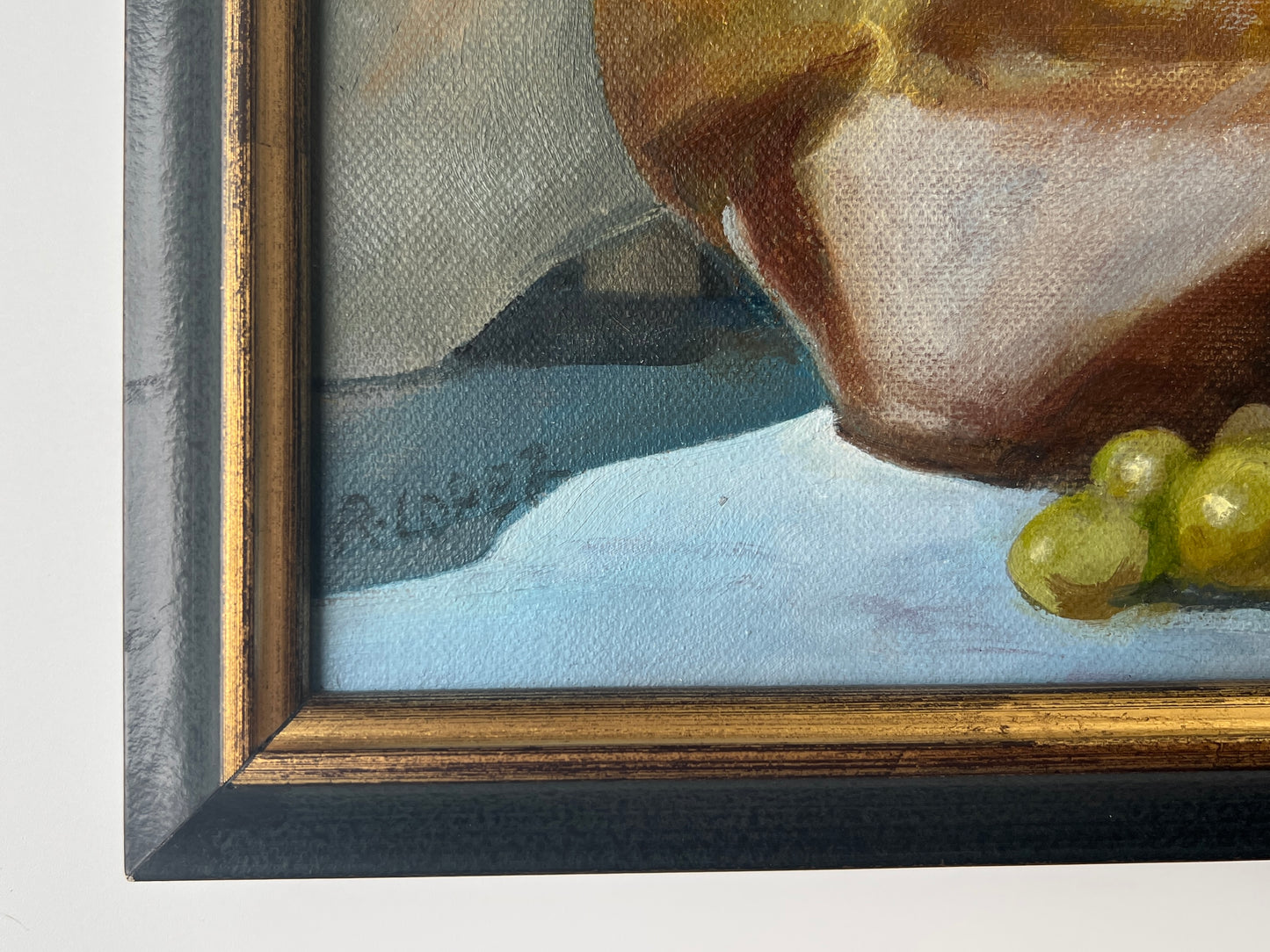 Vintage Stripes and Grapes Still Life in Black and Gold Frame