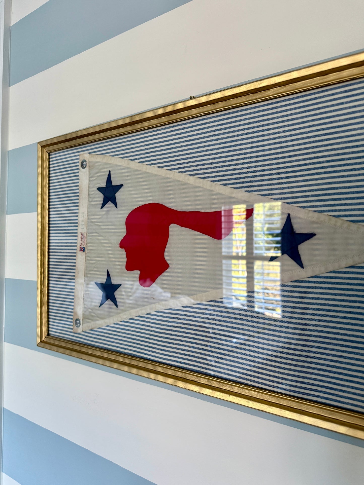 Narrasketuck Yacht Club Vintage Nautical Burgee on Blue Ticking Stripes in Gold Frame