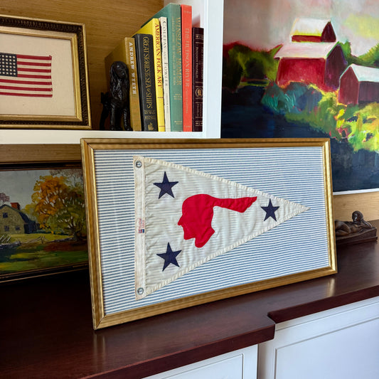 Narrasketuck Yacht Club Vintage Nautical Burgee on Blue Ticking Stripes in Gold Frame