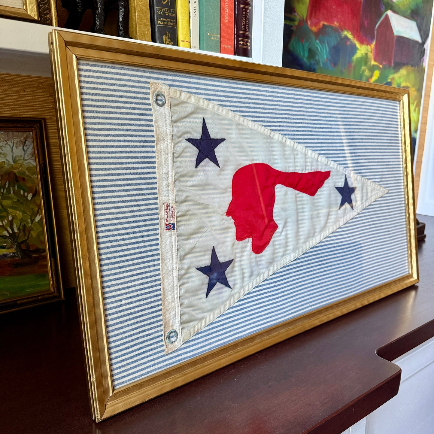 Narrasketuck Yacht Club Vintage Nautical Burgee on Blue Ticking Stripes in Gold Frame
