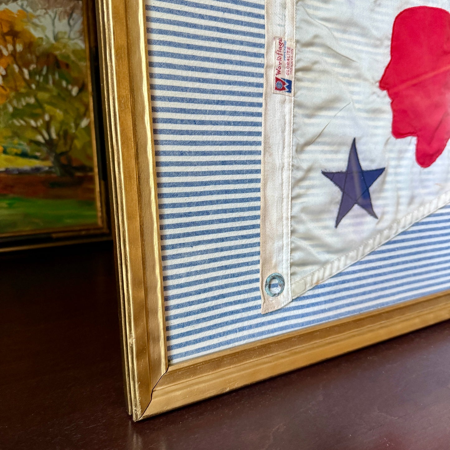 Narrasketuck Yacht Club Vintage Nautical Burgee on Blue Ticking Stripes in Gold Frame