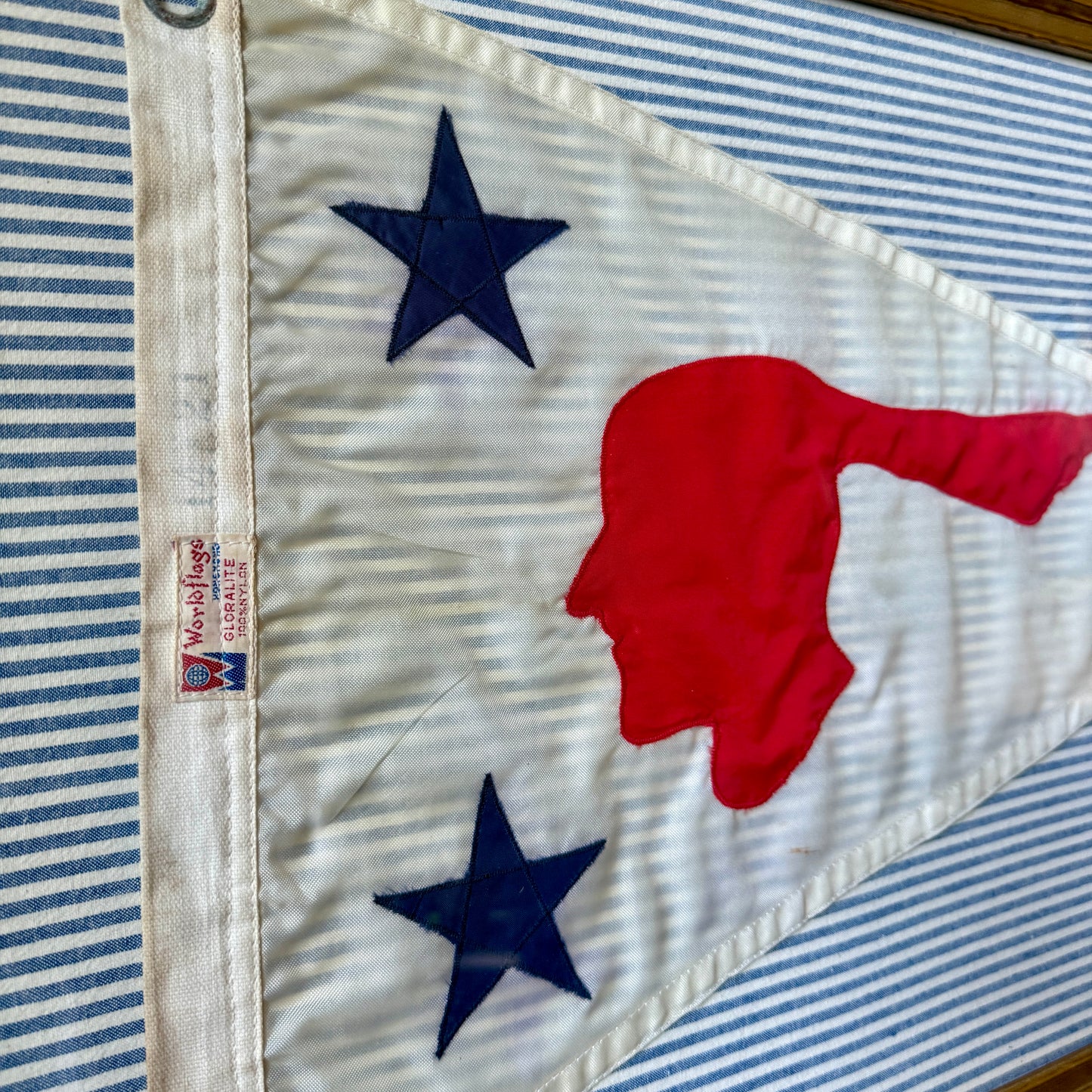 Narrasketuck Yacht Club Vintage Nautical Burgee on Blue Ticking Stripes in Gold Frame