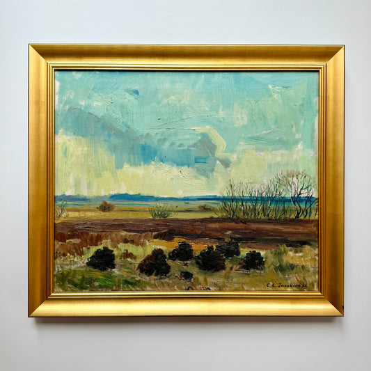 1961 Expressionist Blue Green Landscape Oil Painting in Gold Frame