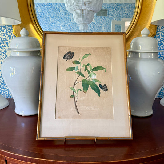 Antique Chinese Watercolor Botanical Painting in Gilded Bamboo Frame