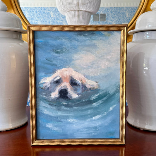 The Fetch Golden Retriever Dog Portrait Oil Painting in Gold Wavy Frame