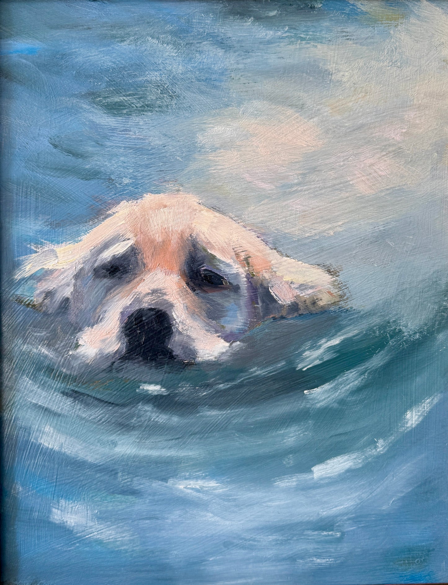 The Fetch Golden Retriever Dog Portrait Oil Painting in Gold Wavy Frame