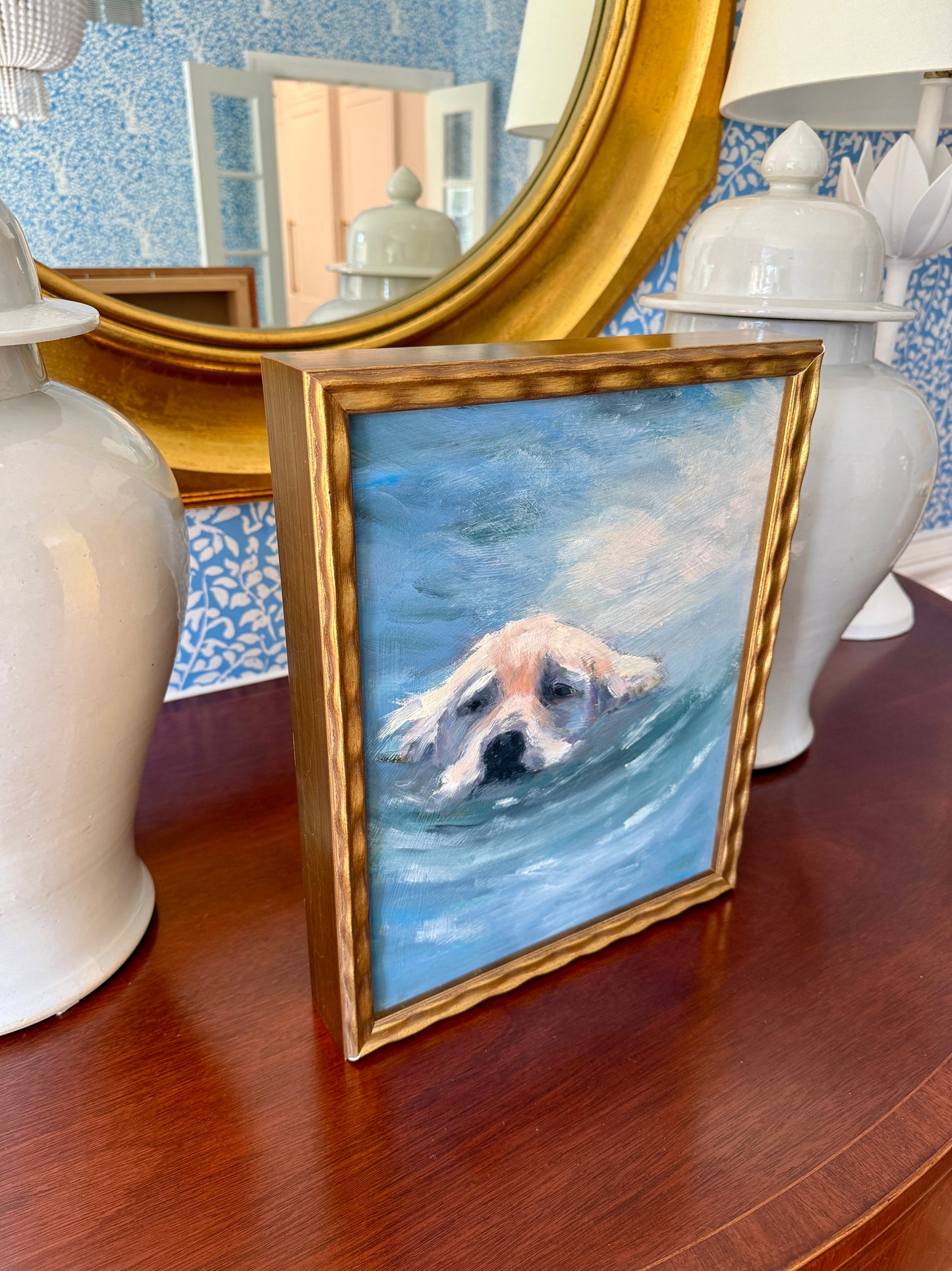 The Fetch Golden Retriever Dog Portrait Oil Painting in Gold Wavy Frame