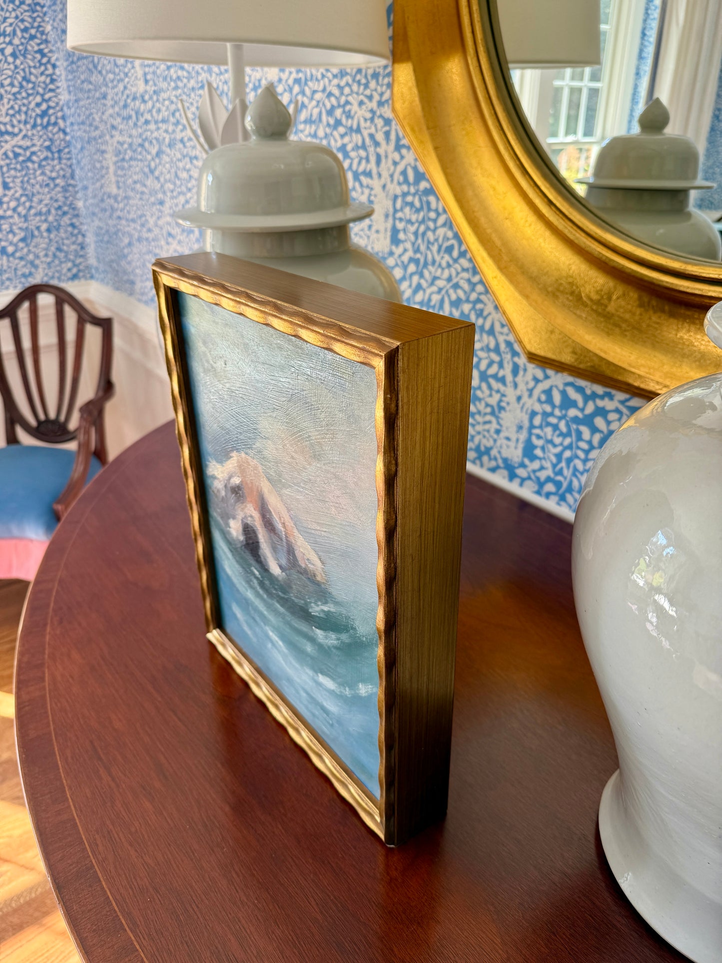 The Fetch Golden Retriever Dog Portrait Oil Painting in Gold Wavy Frame