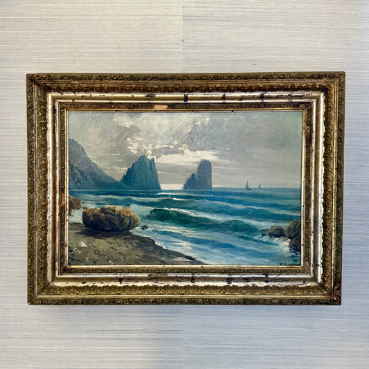 Antique Rocky Seascape with Sailboats Oil Painting in Ornate Antique Gilded Frame