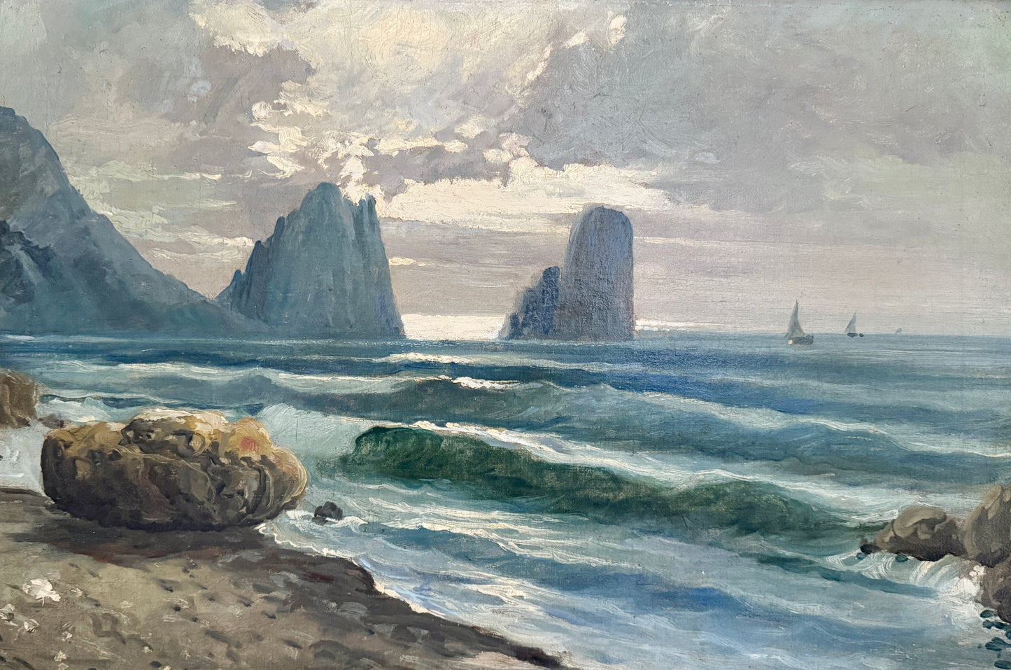 Antique Rocky Seascape with Sailboats Oil Painting in Ornate Antique Gilded Frame
