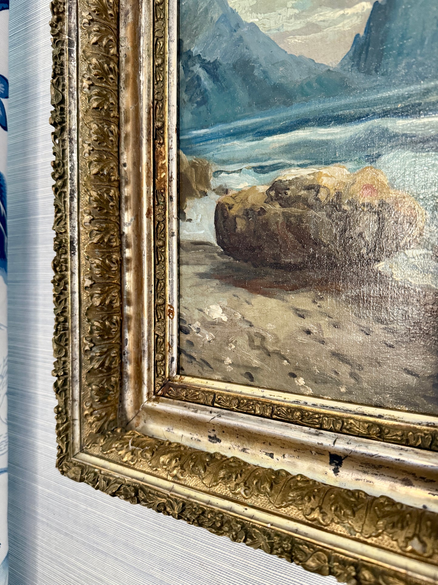 Antique Rocky Seascape with Sailboats Oil Painting in Ornate Antique Gilded Frame