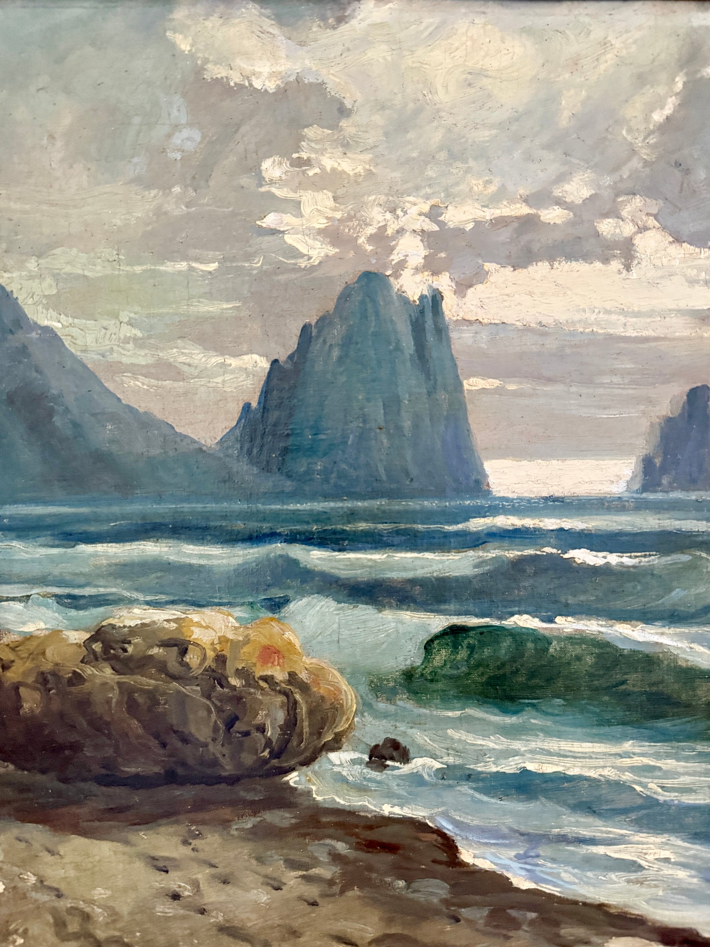 Antique Rocky Seascape with Sailboats Oil Painting in Ornate Antique Gilded Frame
