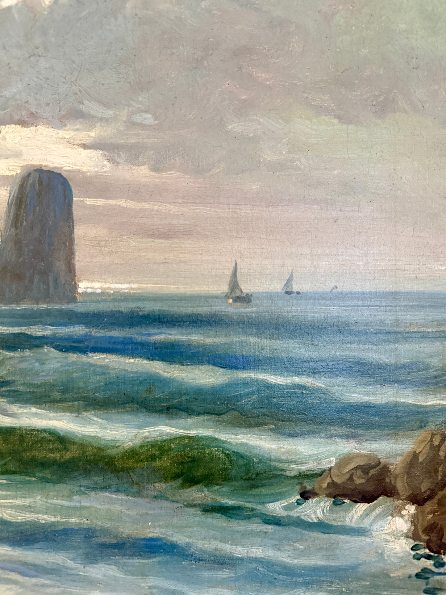 Antique Rocky Seascape with Sailboats Oil Painting in Ornate Antique Gilded Frame