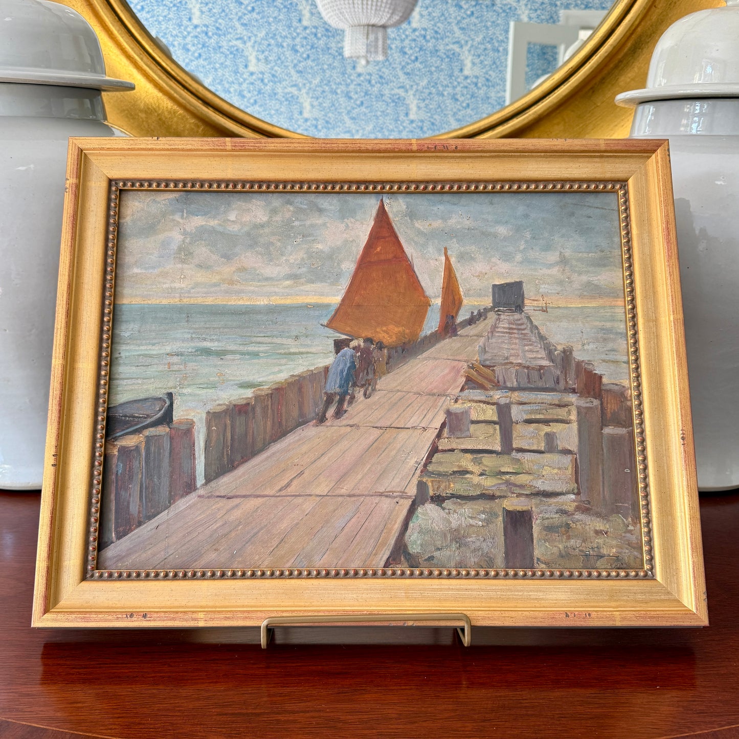 French Seascape Oil Painting with Red Sailed Boats in Gold Frame