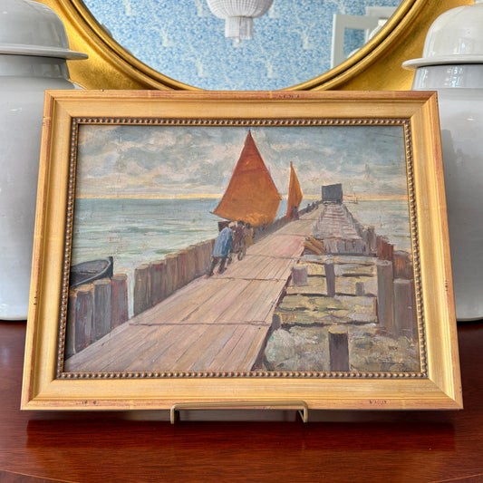 French Seascape Oil Painting with Red Sailed Boats in Gold Frame