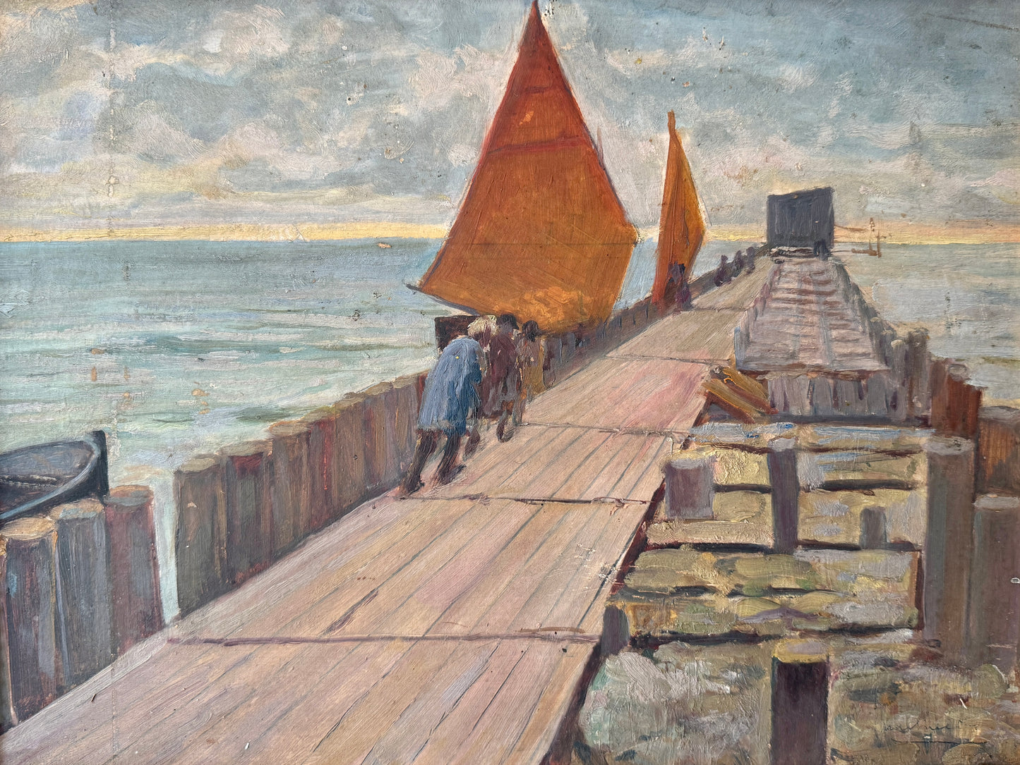 French Seascape Oil Painting with Red Sailed Boats in Gold Frame