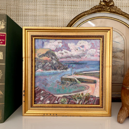 Vintage French Colorful Pink Sky Seacsape Oil Painting in Gold Beaded Frame