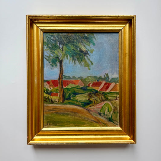 Vintage Red Roofed Houses in Hillside Summer Landscape Oil Painting in Gold Frame