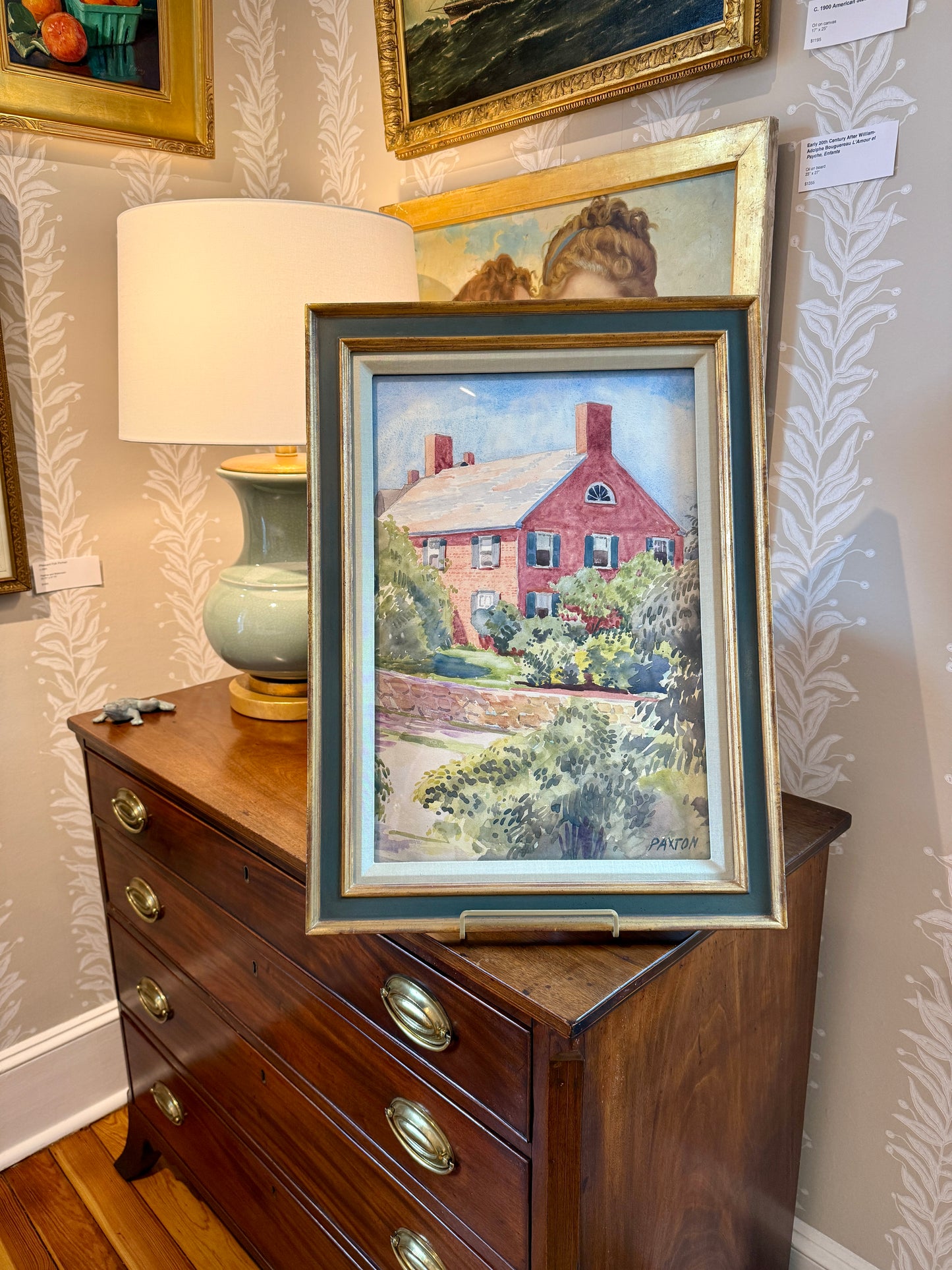 William McGregor Paxton Hastings-on-Hudson NY Westchester House Portrait Watercolor Painting in Green and Gilded Frame