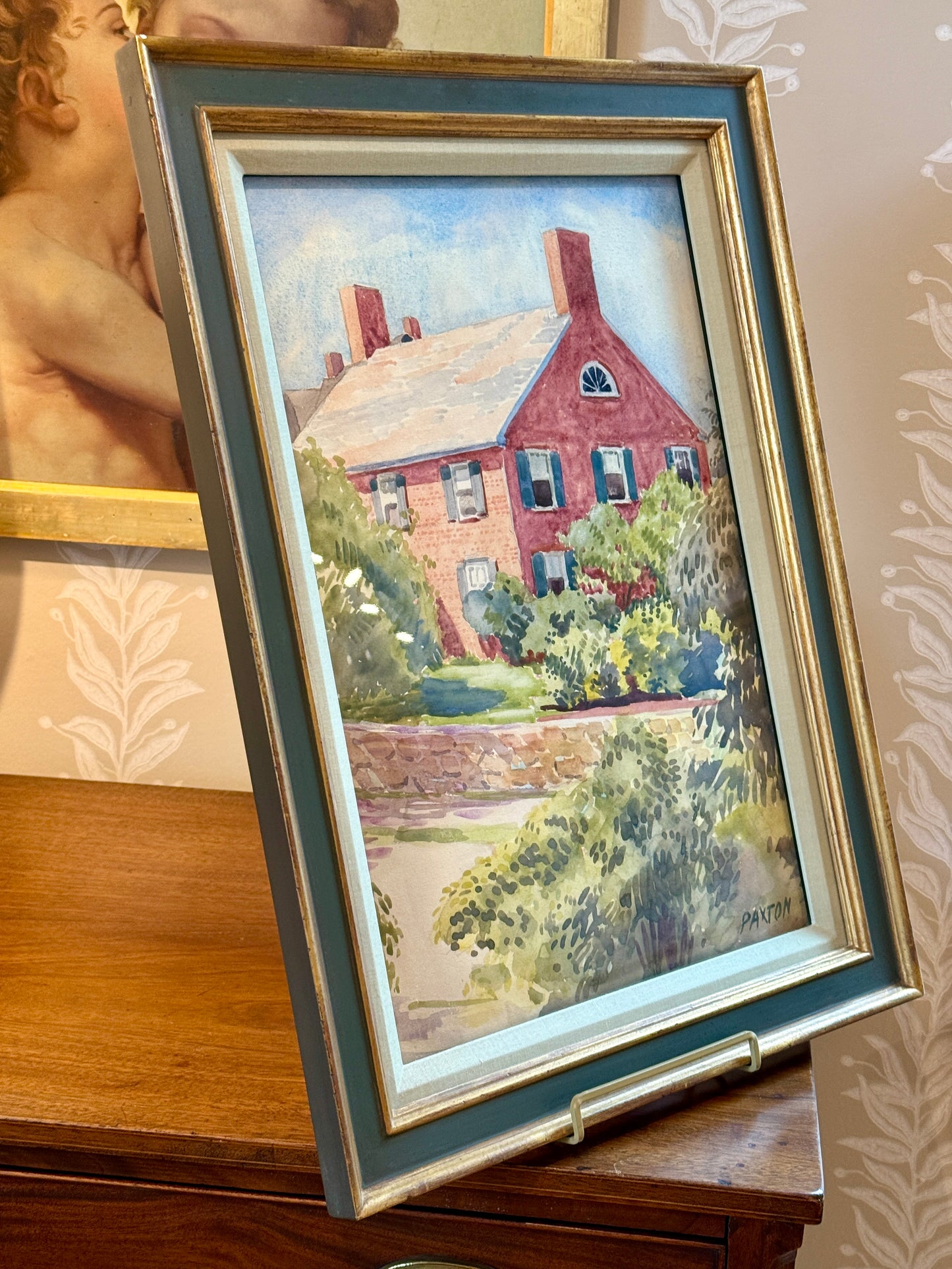 William McGregor Paxton Hastings-on-Hudson NY Westchester House Portrait Watercolor Painting in Green and Gilded Frame