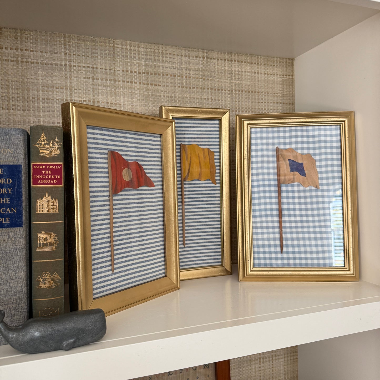 1905 Trio of Nautical Flag Oil Paintings on Blue and White in Gold Frames