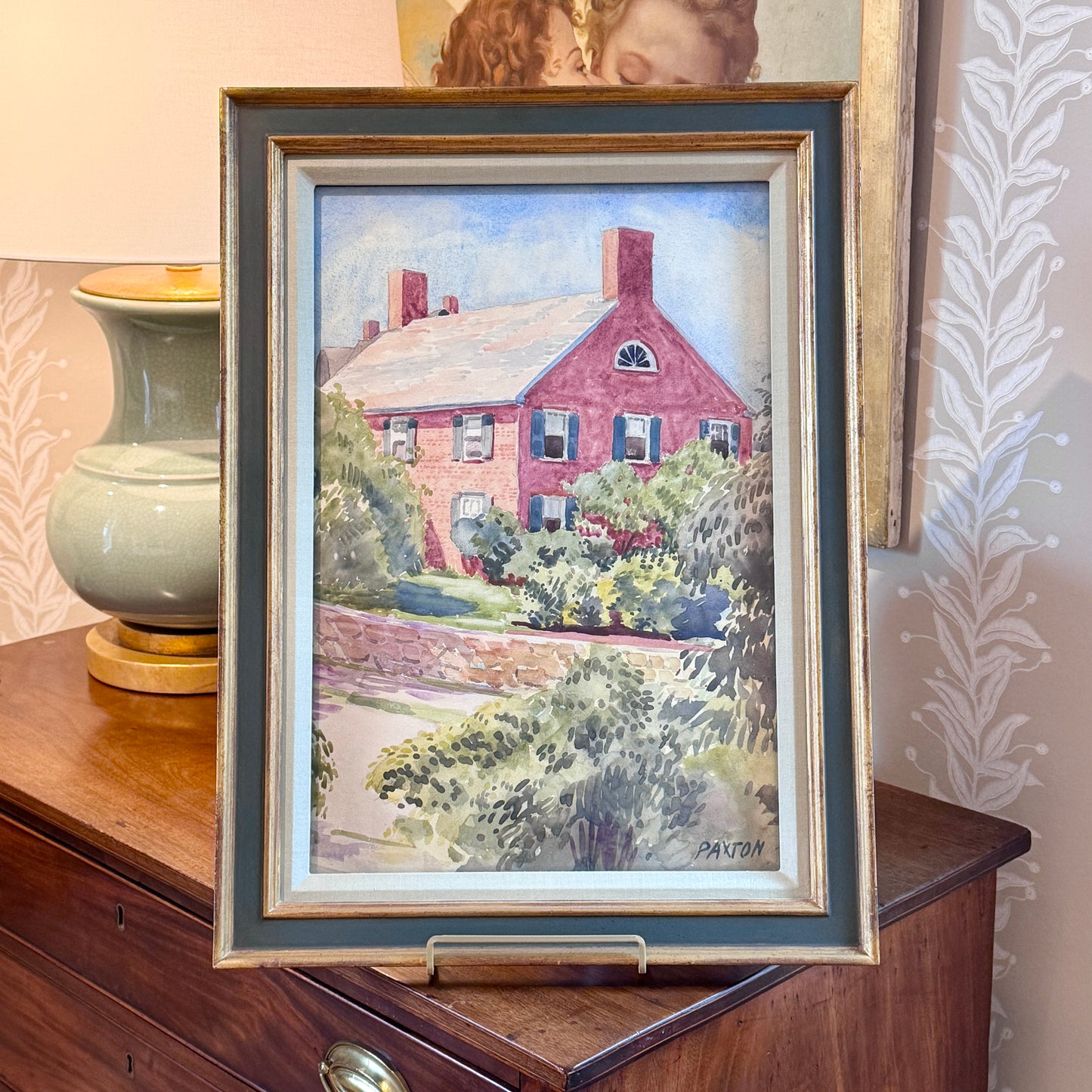 William McGregor Paxton Hastings-on-Hudson NY Westchester House Portrait Watercolor Painting in Green and Gilded Frame