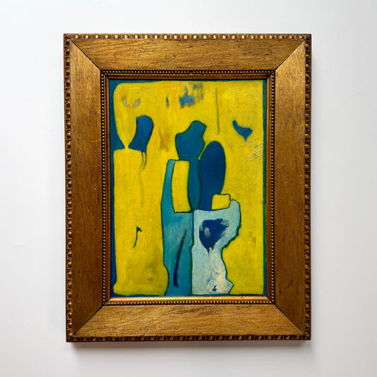 1975 Blue and Yellow Figural Couple Abstract Oil Painting in Gold Frame