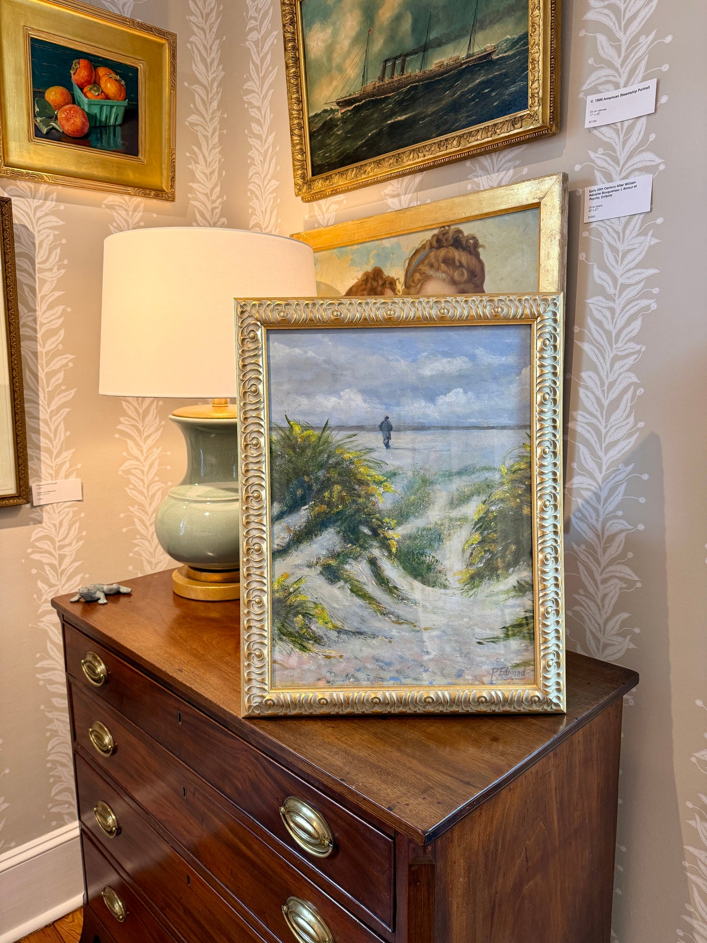 R. Edmund Beach Walker Coastal Landscape Oil Painting in Ornate Gold Frame