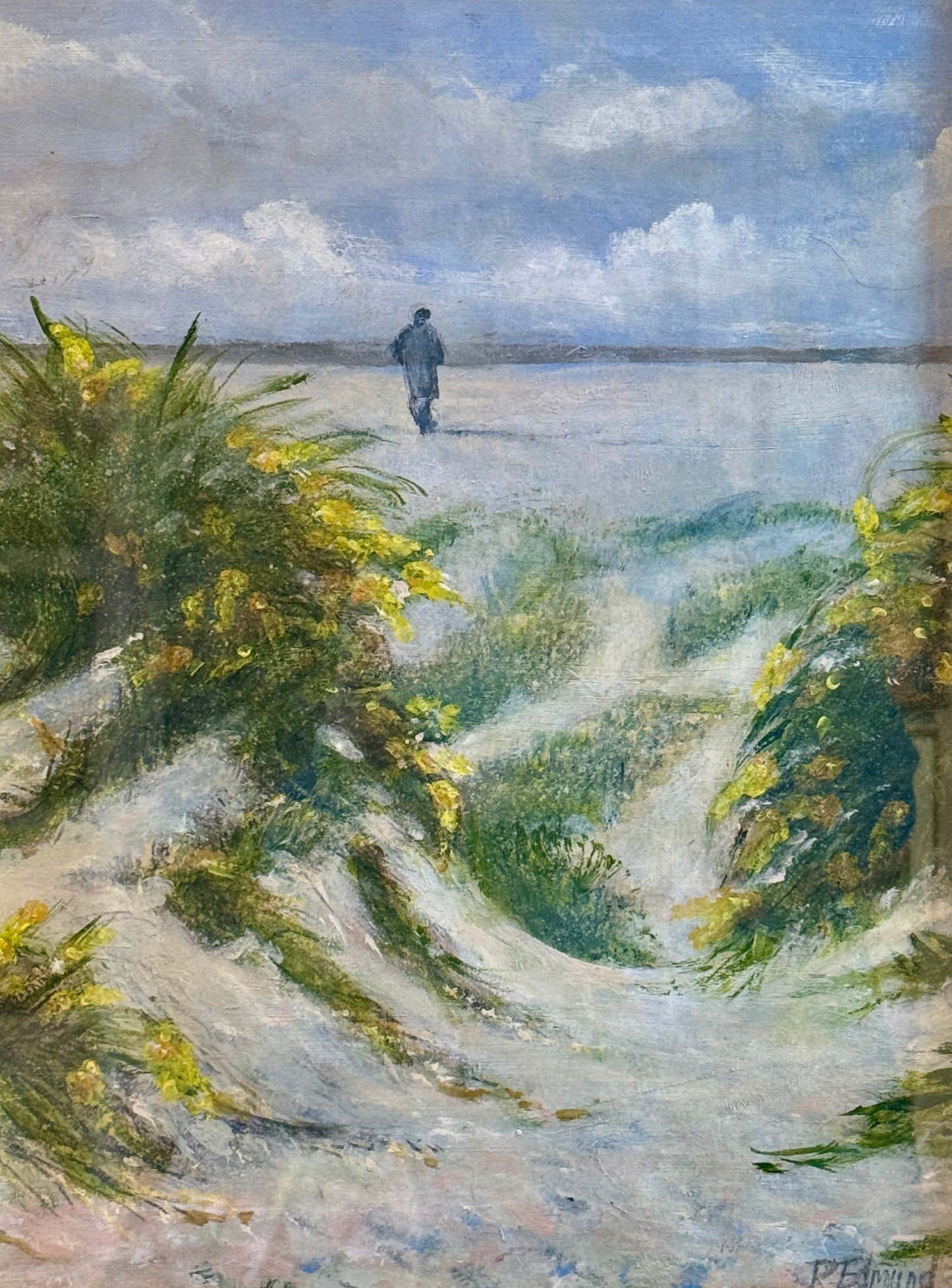 R. Edmund Beach Walker Coastal Landscape Oil Painting in Ornate Gold Frame