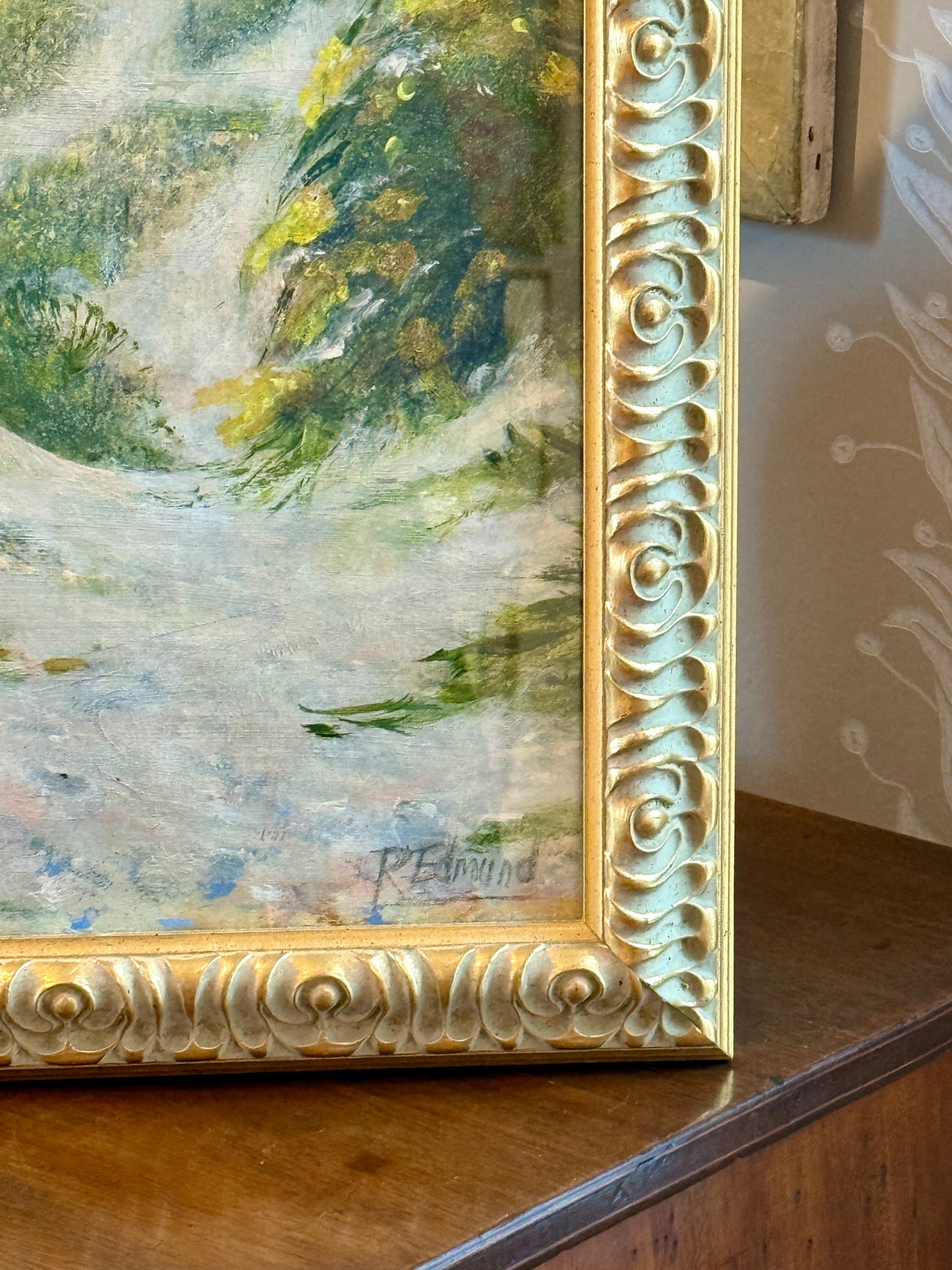 R. Edmund Beach Walker Coastal Landscape Oil Painting in Ornate Gold Frame