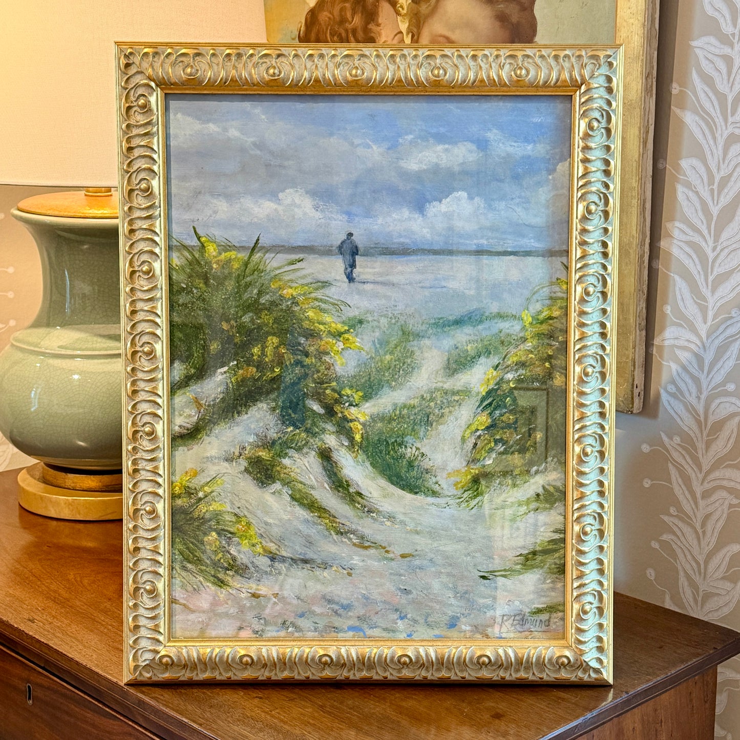 R. Edmund Beach Walker Coastal Landscape Oil Painting in Ornate Gold Frame