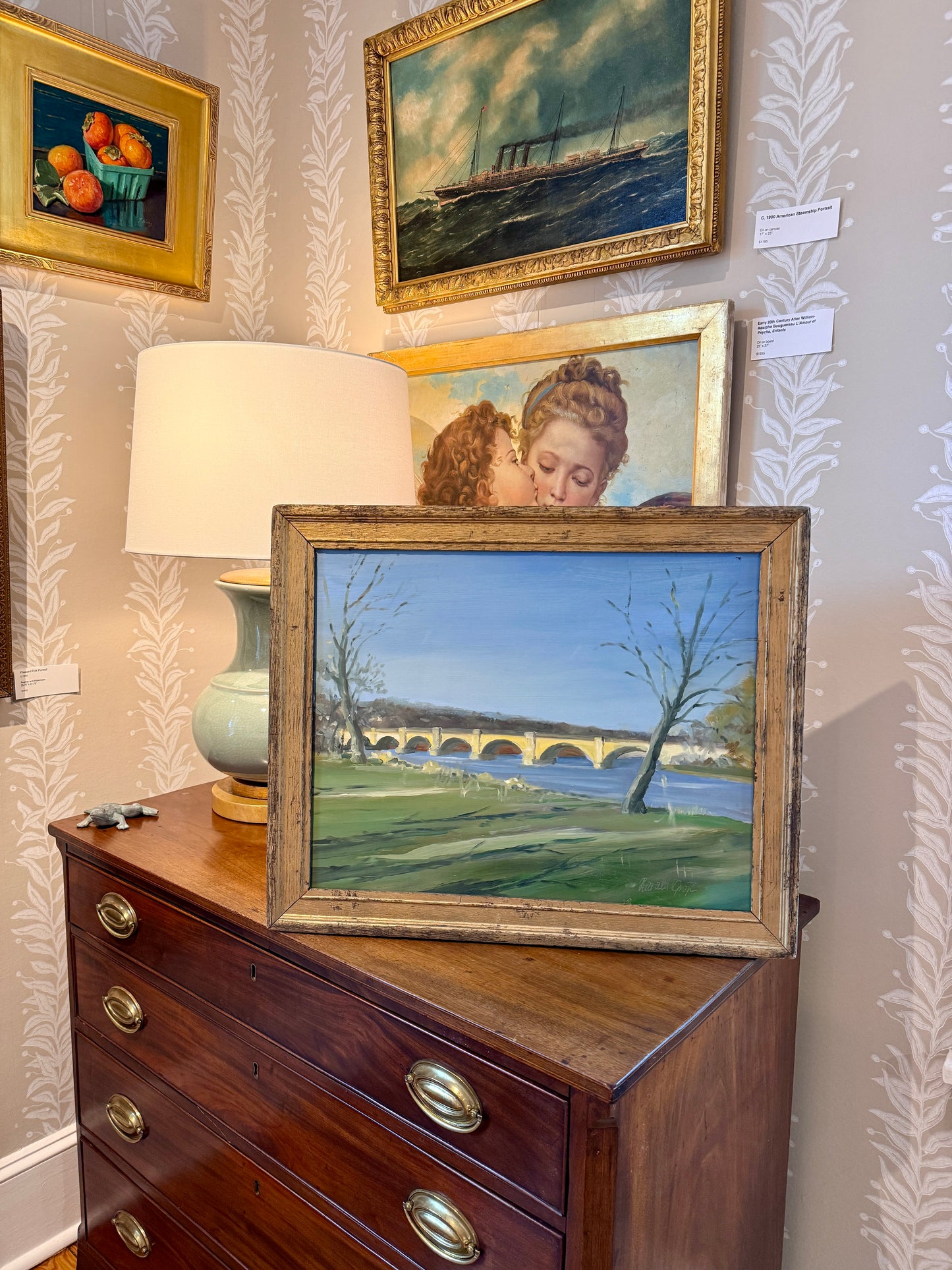 Harald Grote Columbia Bridge Over the Schuylkill River Oil Painting in Antique Gold Frame