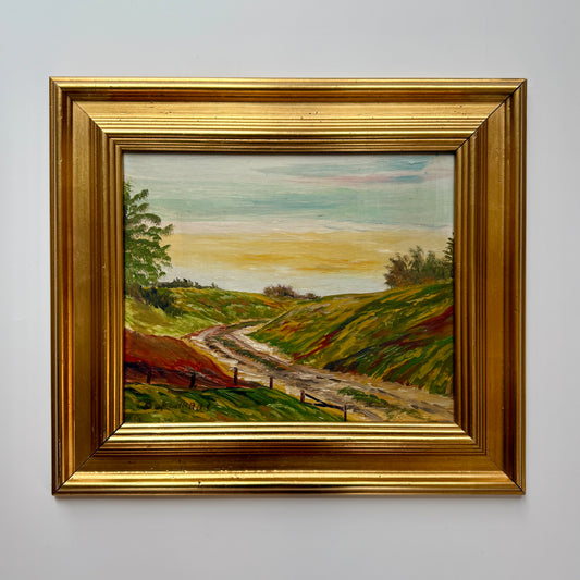Vintage Country Landscape Sunset Oil Painting in Gold Frame