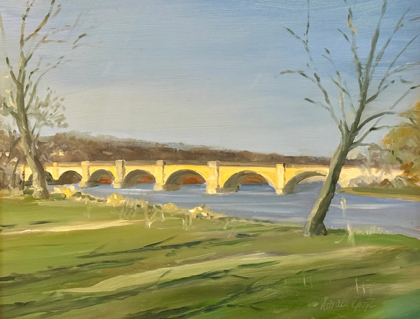 Harald Grote Columbia Bridge Over the Schuylkill River Oil Painting in Antique Gold Frame