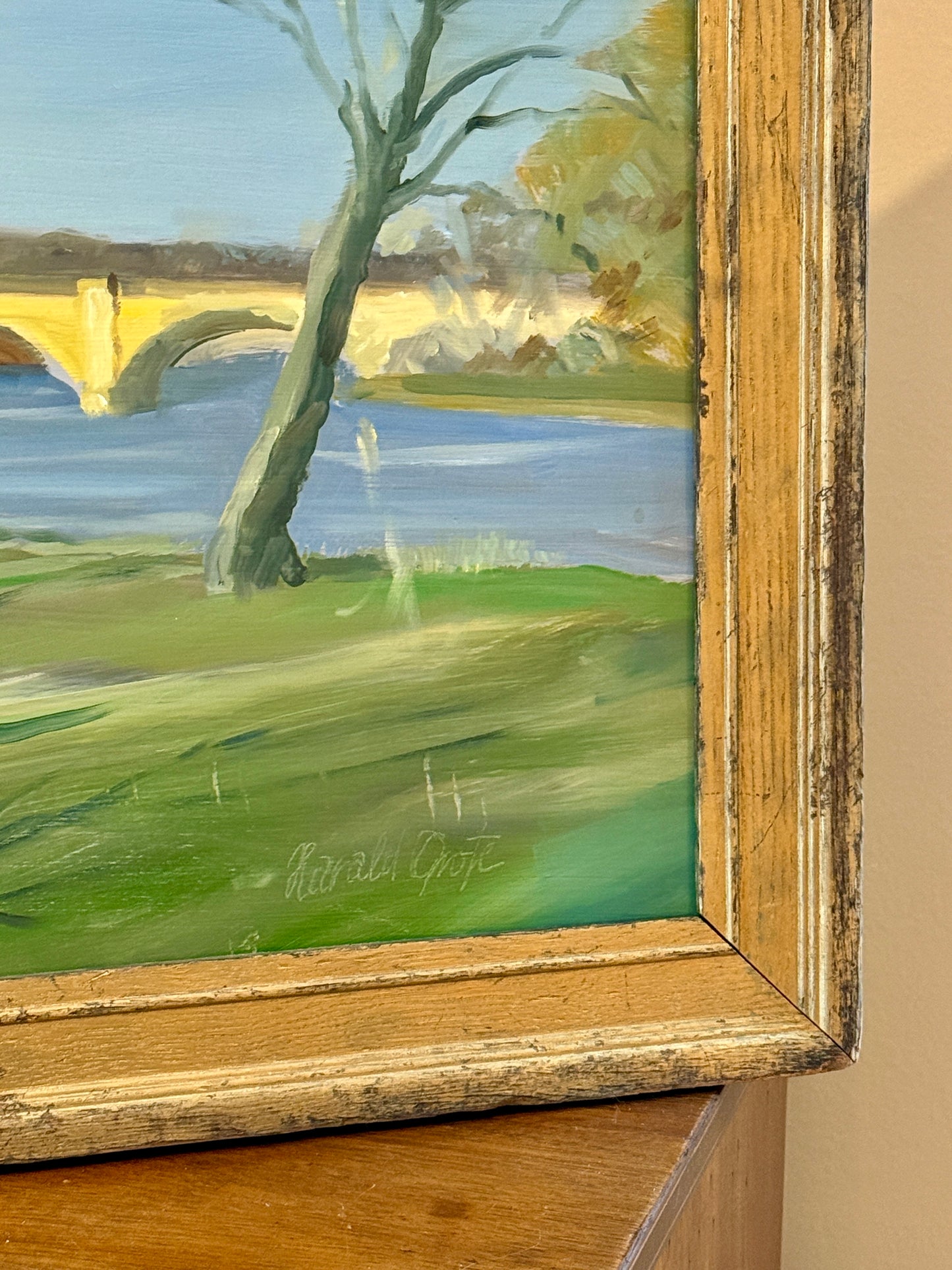 Harald Grote Columbia Bridge Over the Schuylkill River Oil Painting in Antique Gold Frame