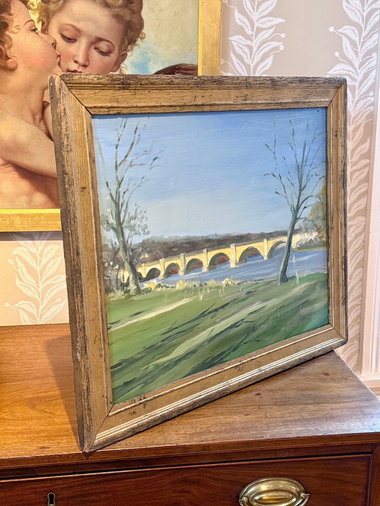 Harald Grote Columbia Bridge Over the Schuylkill River Oil Painting in Antique Gold Frame