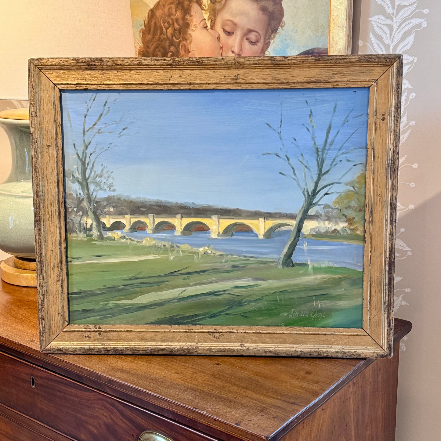 Harald Grote Columbia Bridge Over the Schuylkill River Oil Painting in Antique Gold Frame