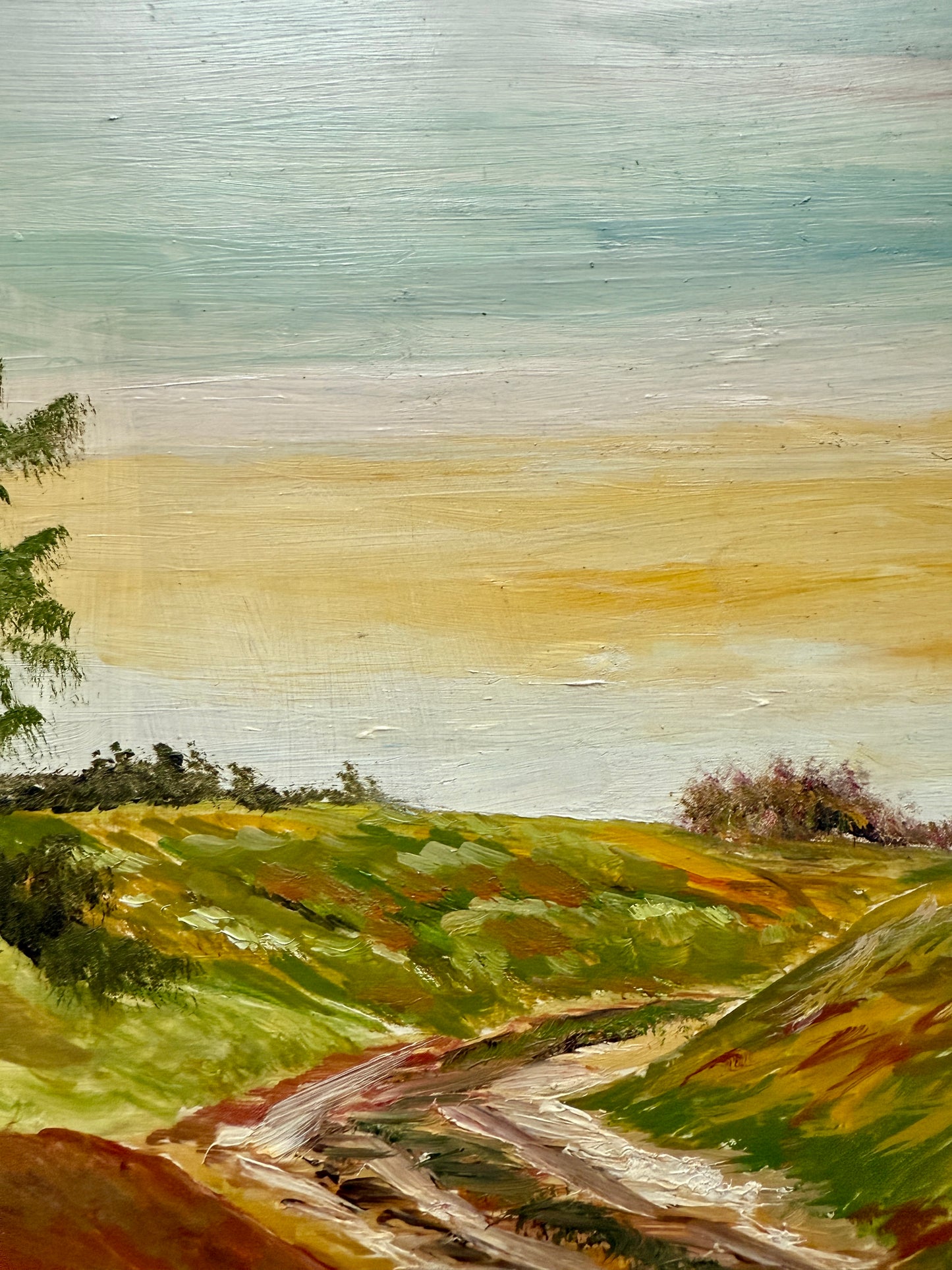 Vintage Country Landscape Sunset Oil Painting in Gold Frame