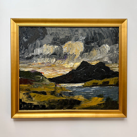 Moody Impasto Stormy Coastal Scottish Loch Mountain Landscape Oil Painting in Gold Frame