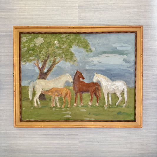 Family of Horses Portrait Folk Oil Painting in Gold Beaded Frame