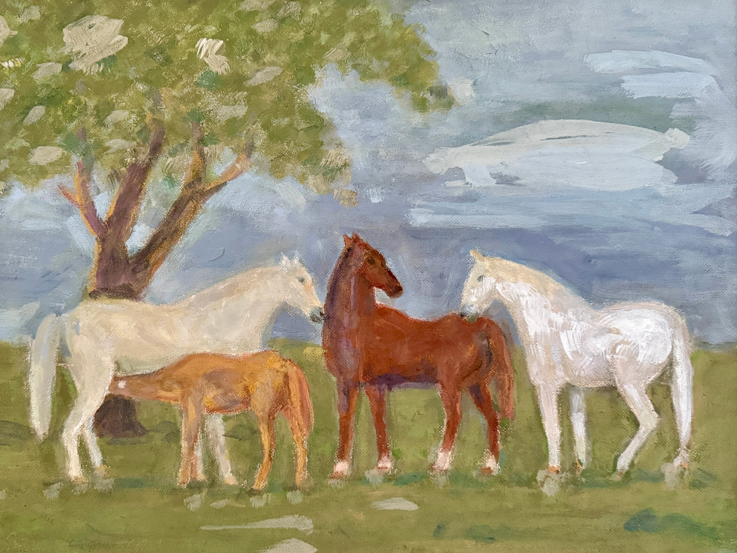 Family of Horses Portrait Folk Oil Painting in Gold Beaded Frame