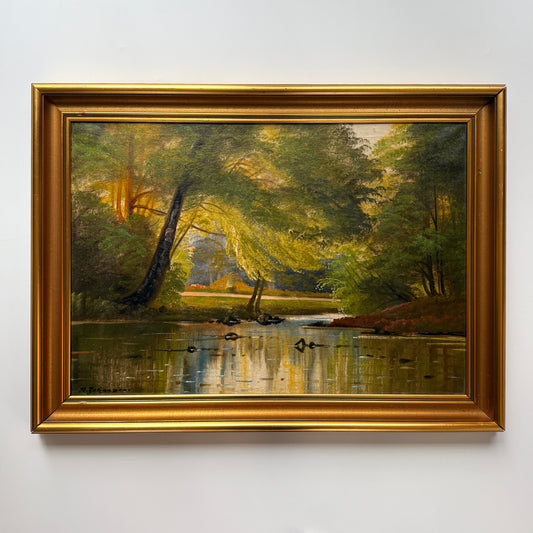 Axel Johansen Early 20th c. Serene Creek and Forest Landscape Oil Painting in Gold Frame
