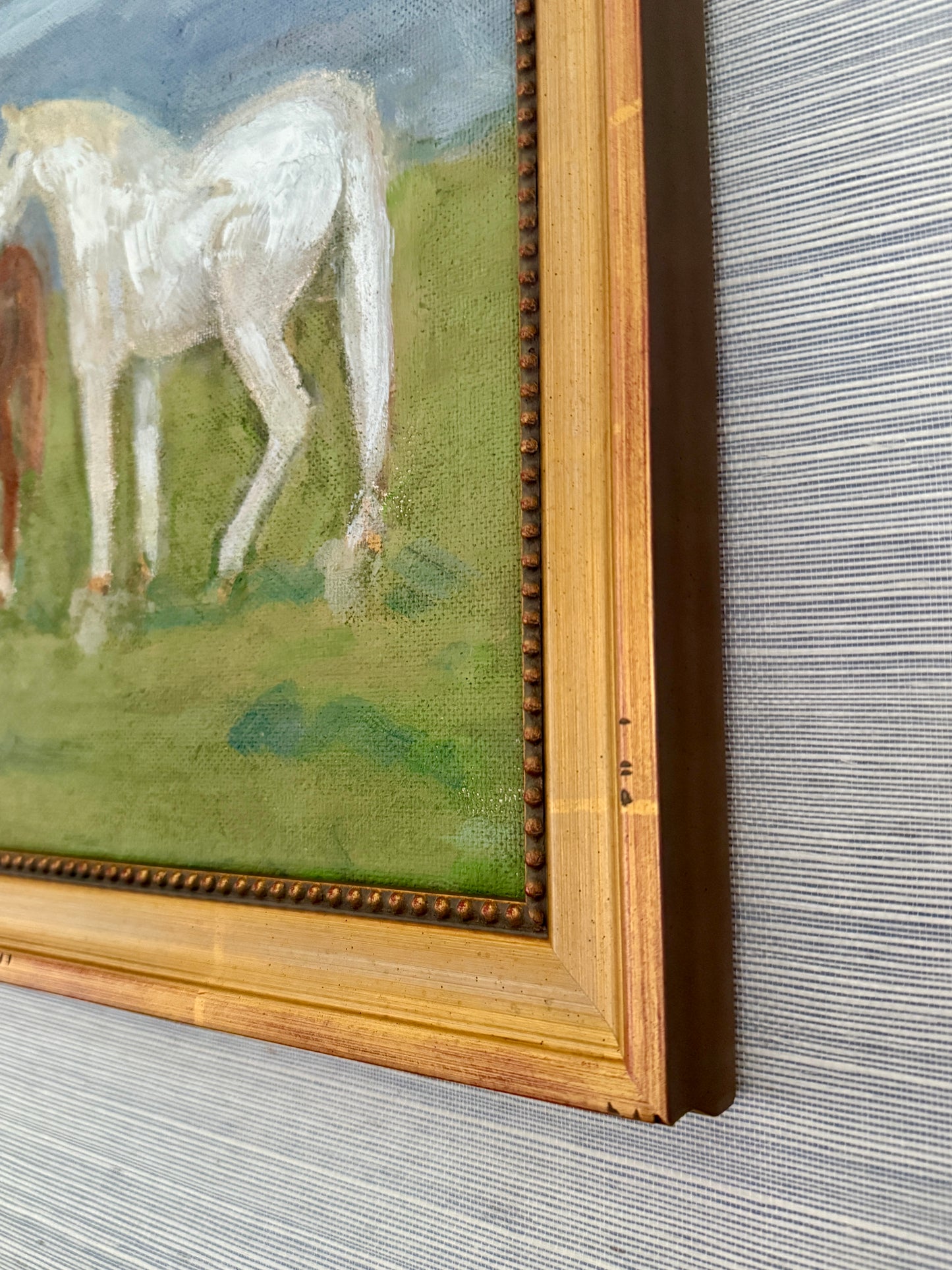Family of Horses Portrait Folk Oil Painting in Gold Beaded Frame