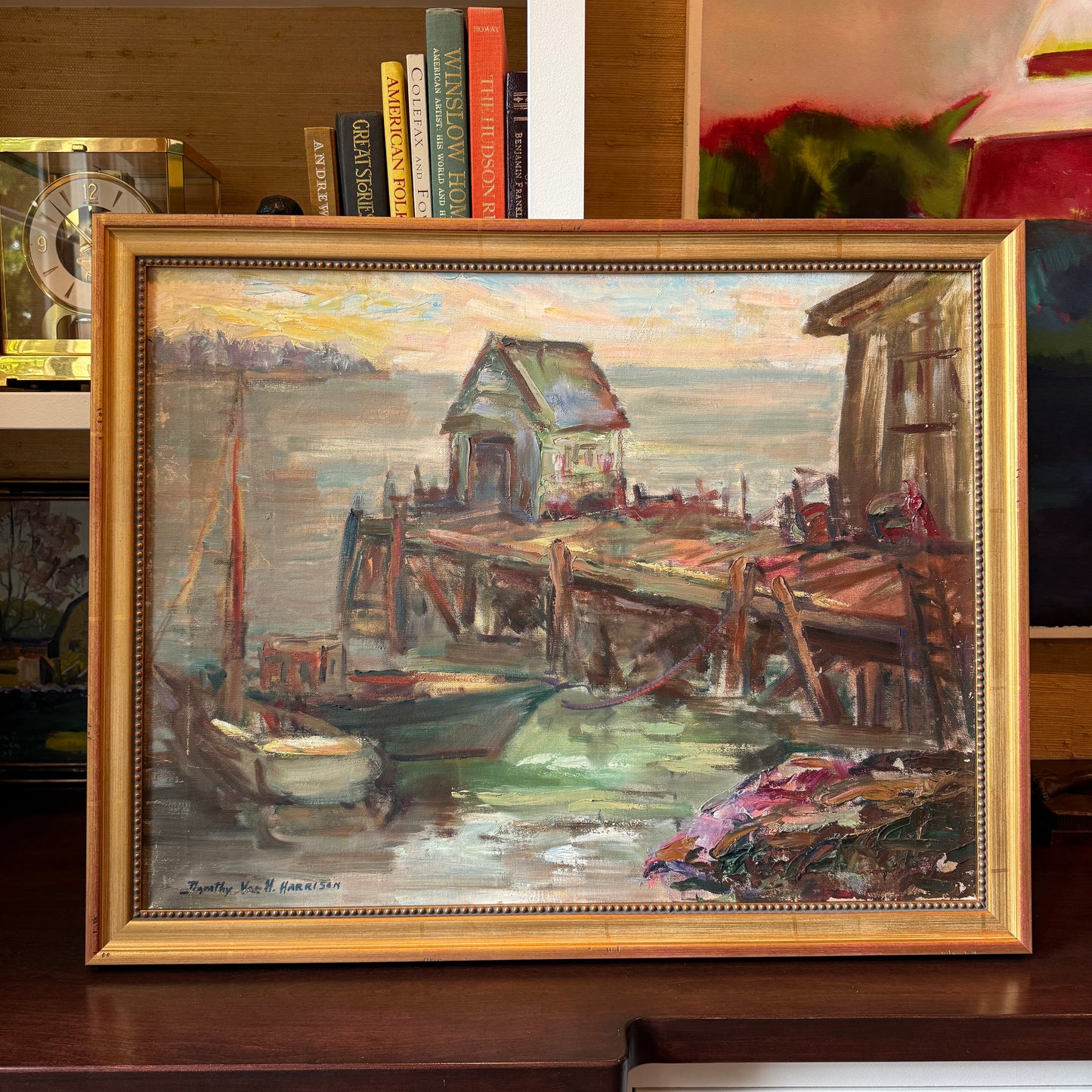 Dorothy Van Houten Harrison Evening in Maine Harborscape Oil Painting in Gold Beaded Frame